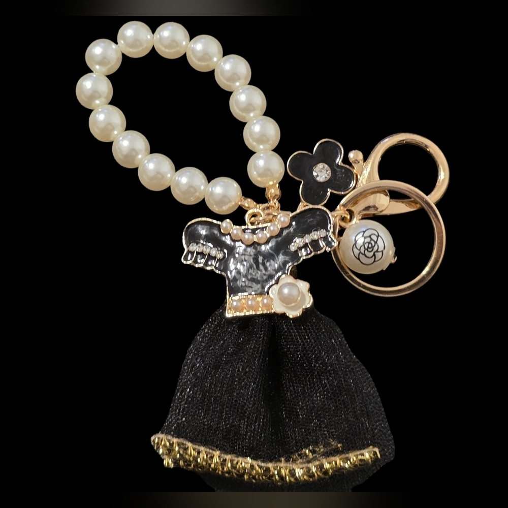 Elegant Black and Gold Dress Bag Charm Keychain with Pearls